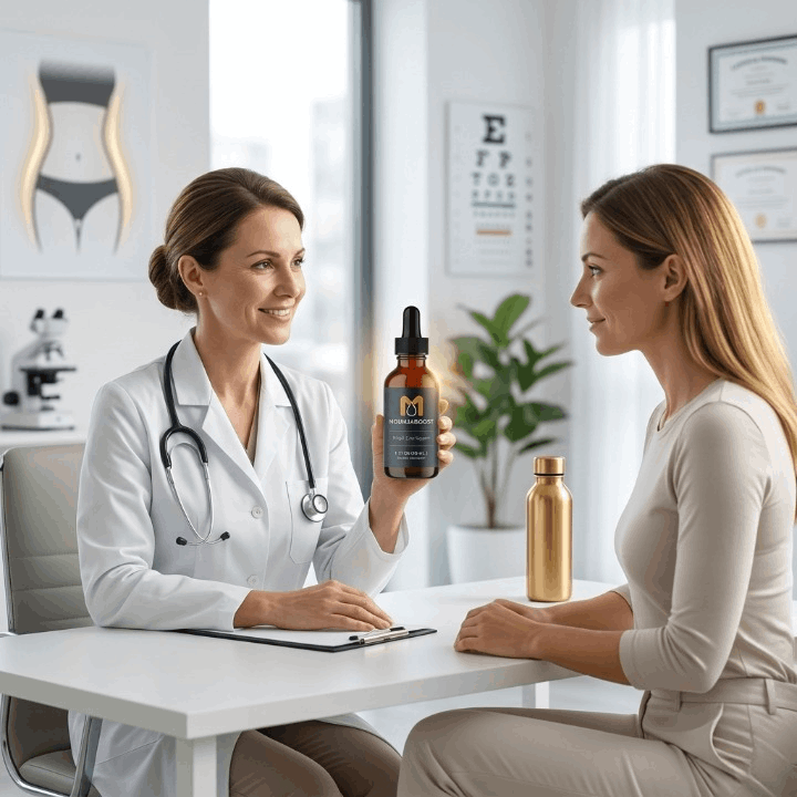 lady doctor holding bottle of MounjaBoost